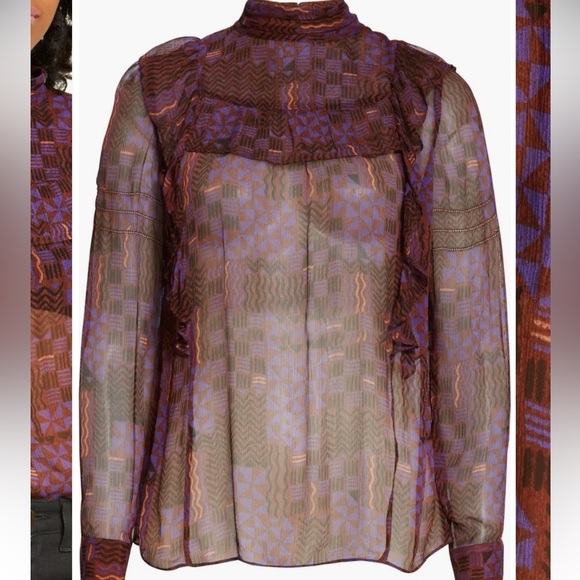 ba&sh / Mia Sheer Ruffled geometric purple silk Top M - Picture 5 of 10